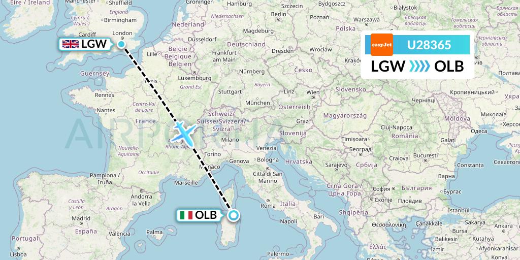 U28365 EasyJet Flight Map: London to Olbia