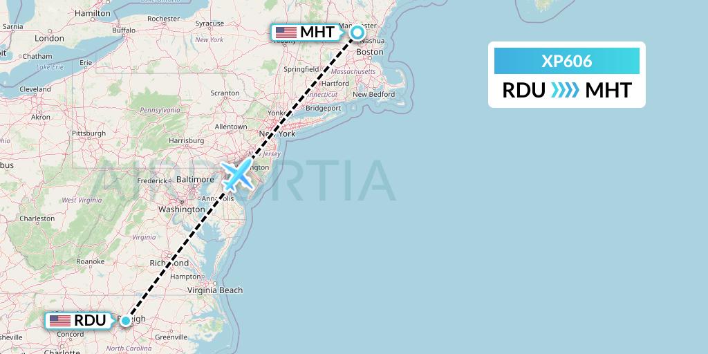 XP606 Avelo Airlines Flight Map: Raleigh-Durham to Manchester