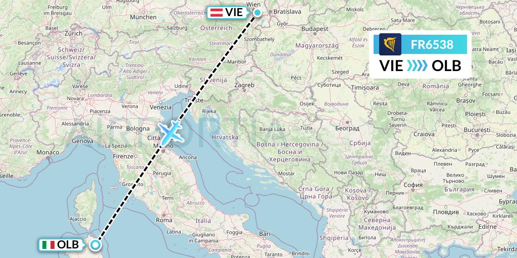 FR6538 Ryanair Flight Map: Vienna to Olbia