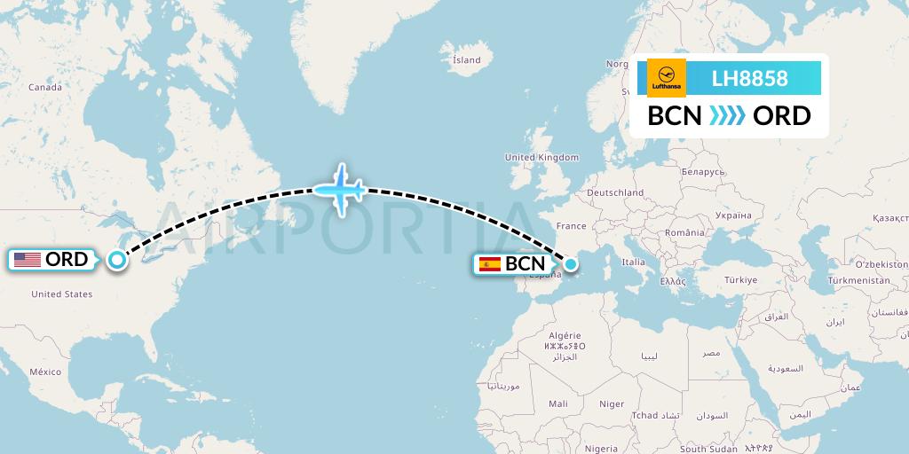 LH8858 Lufthansa Flight Map: Barcelona to Chicago