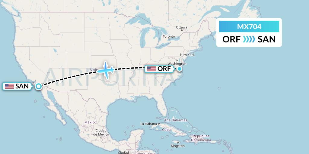 MX704 Breeze Airways Flight Map: Norfolk to San Diego
