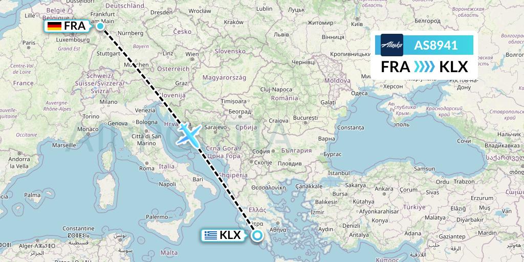 AS8941 Alaska Airlines Flight Map: Frankfurt to Kalamata