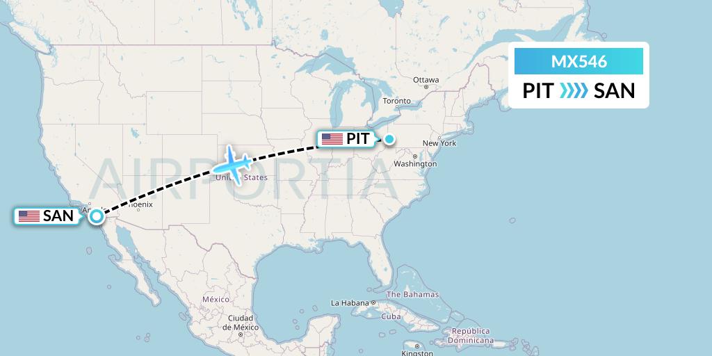 MX546 Breeze Airways Flight Map: Pittsburgh to San Diego