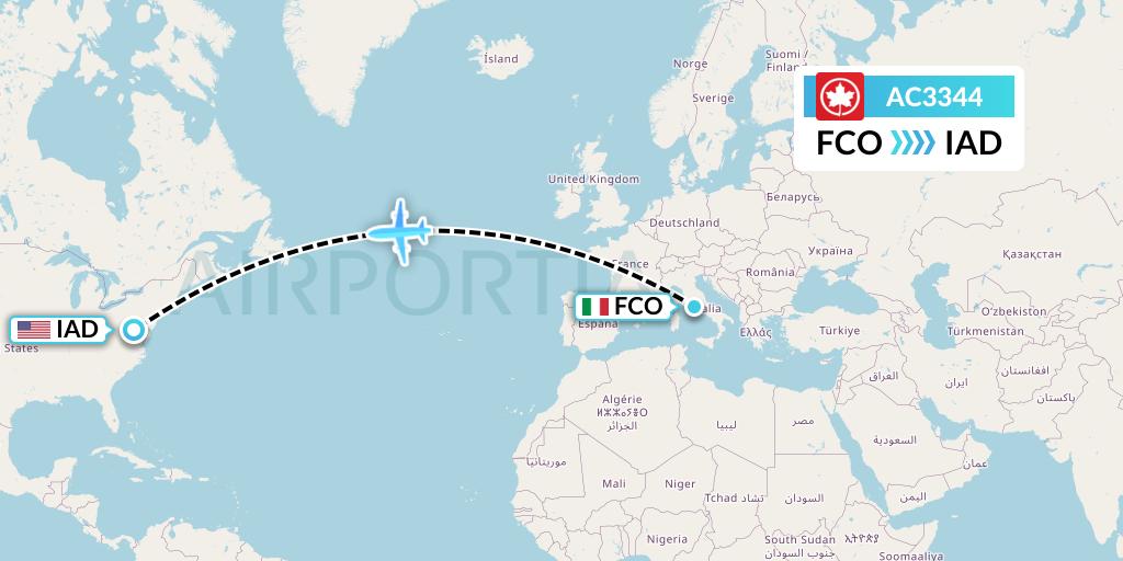 AC3344 Air Canada Flight Map: Rome to Washington