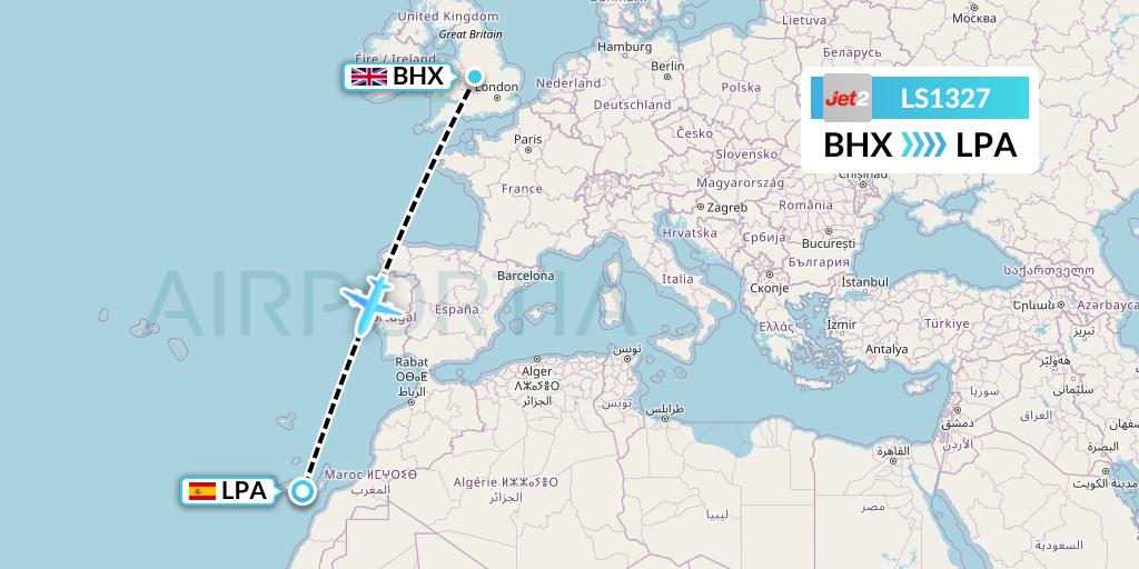 LS1327 Jet2 Flight Map: Birmingham to Las Palmas