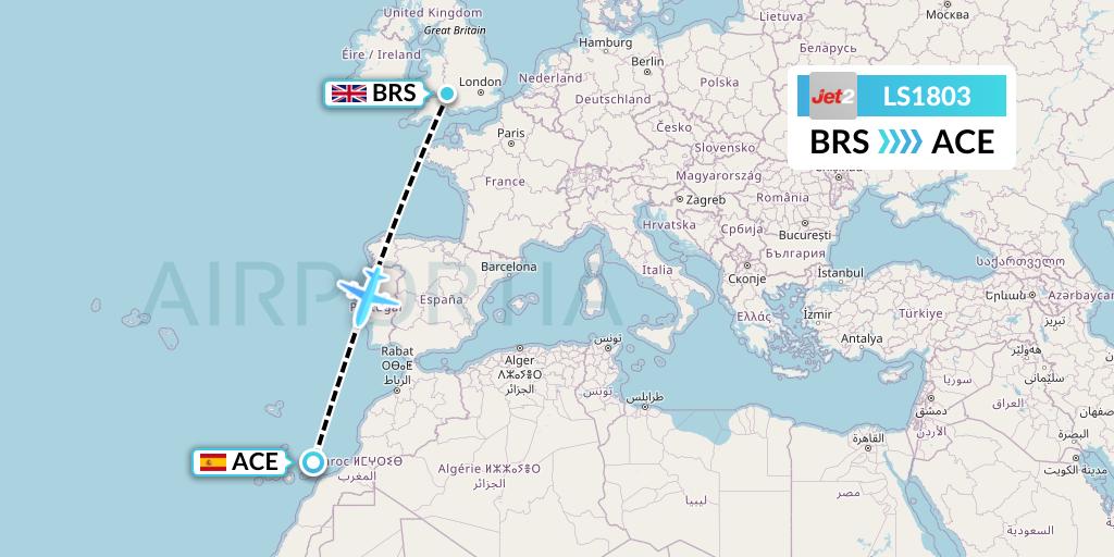 LS1803 Jet2 Flight Map: Bristol to Lanzarote