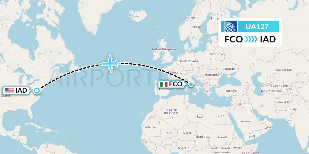 UA127 United Airlines Flight Map: Rome to Washington