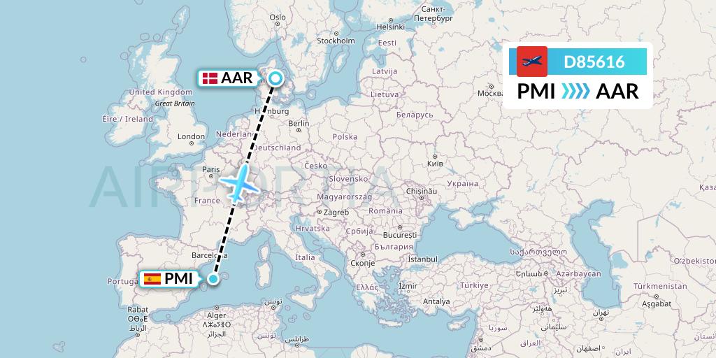 D85616 Norwegian Air International Flight Map: Palma de Mallorca to Aarhus