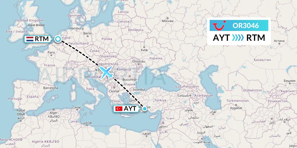 OR3046 TUI fly Netherlands Flight Map: Antalya to Rotterdam