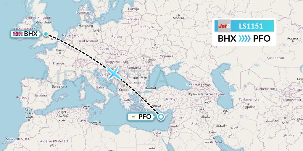 LS1151 Jet2 Flight Map: Birmingham to Pafos