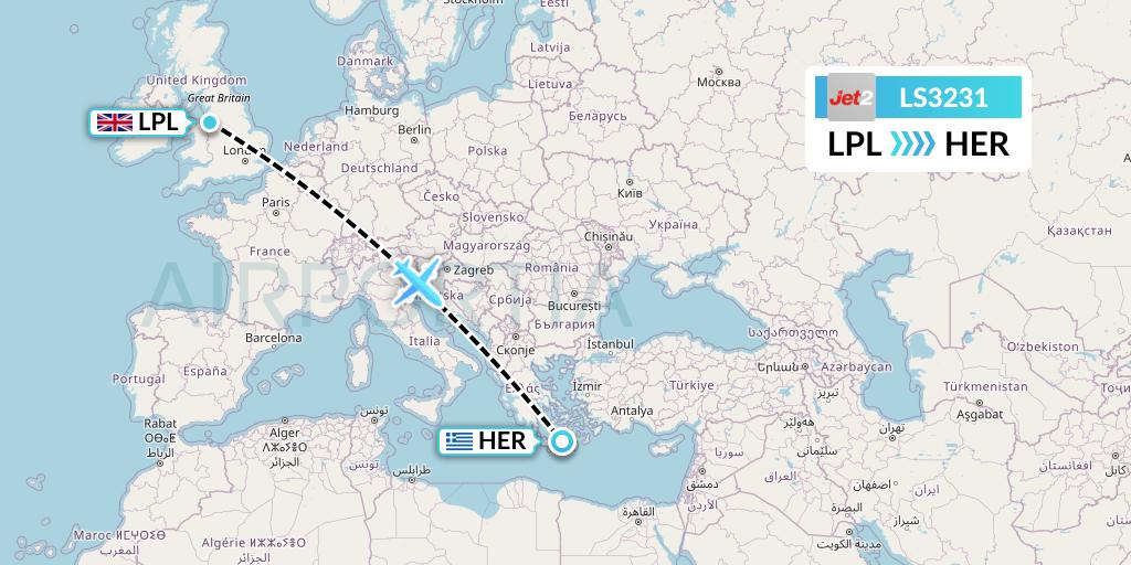 LS3231 Jet2 Flight Map: Liverpool to Heraklion