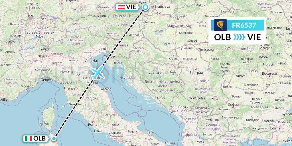 FR6537 Ryanair Flight Map: Olbia to Vienna