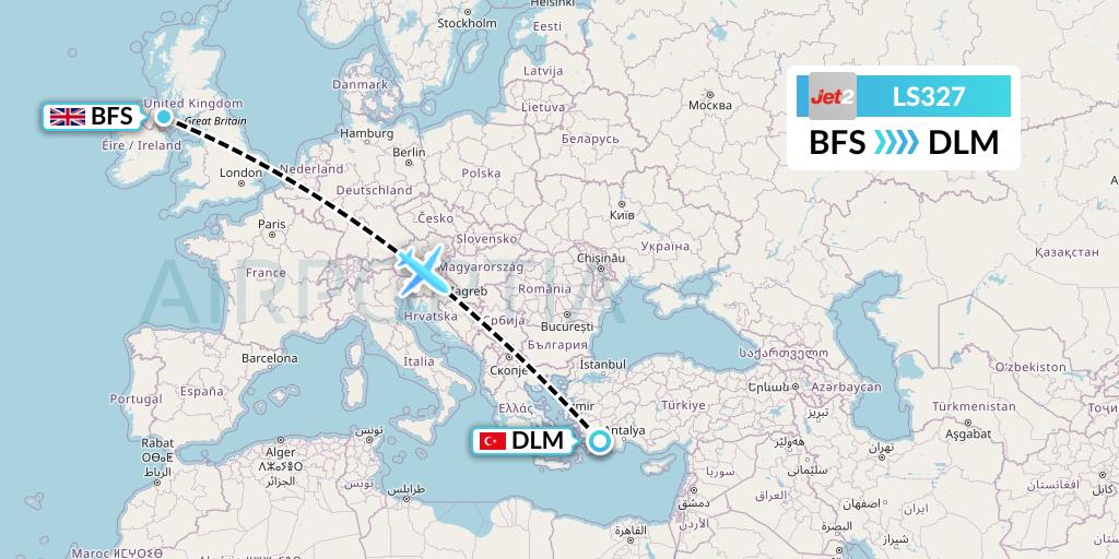 LS327 Jet2 Flight Map: Belfast to Dalaman