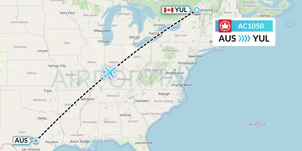 AC1050 Air Canada Flight Map: Austin to Montreal
