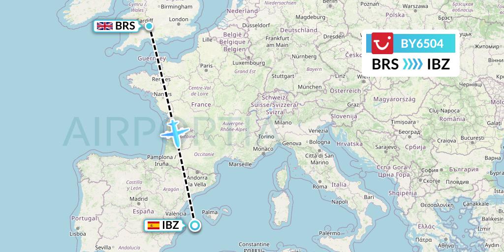 BY6504 TUI Airways Flight Map: Bristol to Ibiza