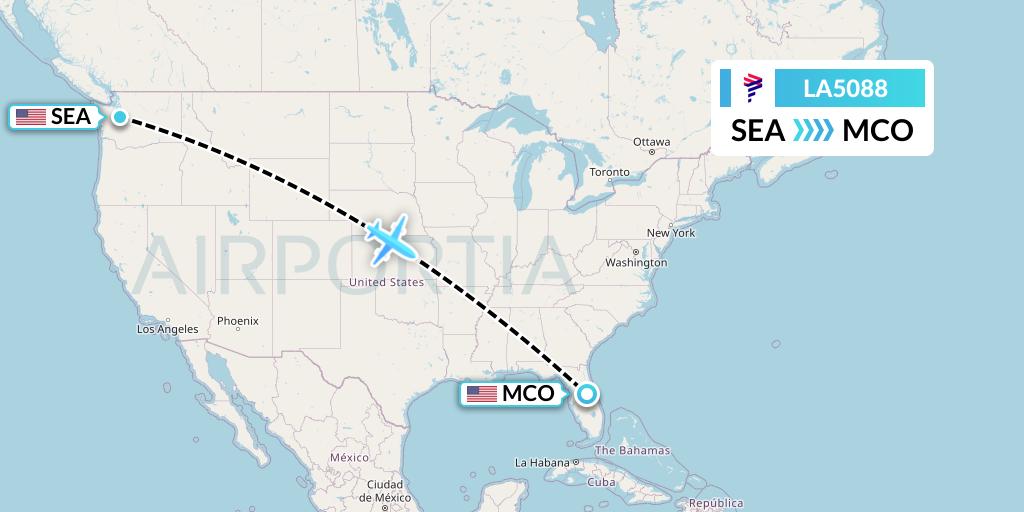 LA5088 LAN Airlines Flight Map: Seattle to Orlando