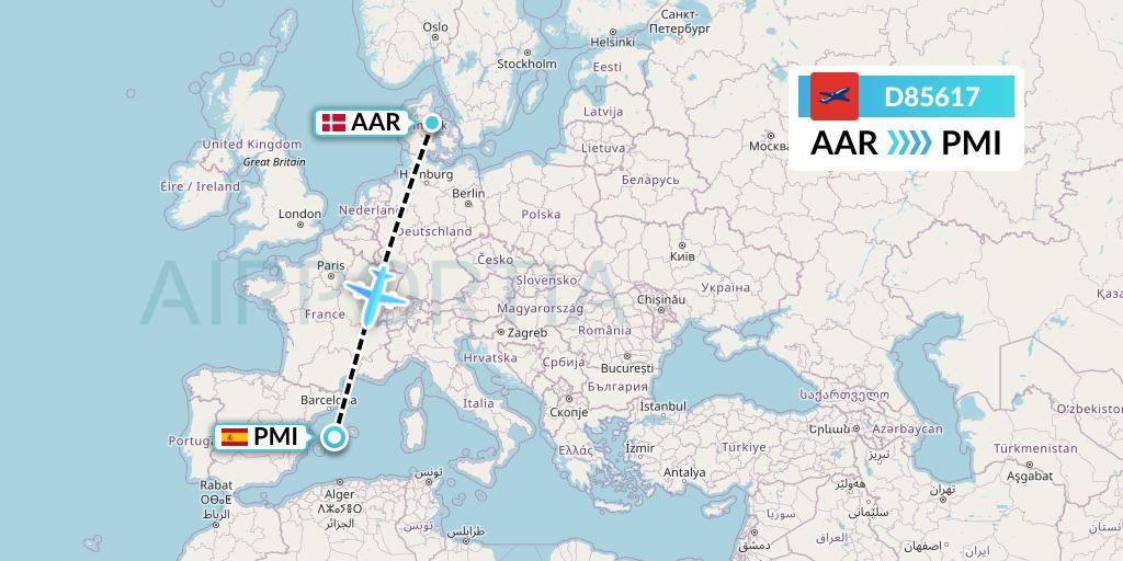 D85617 Norwegian Air International Flight Map: Aarhus to Palma de Mallorca
