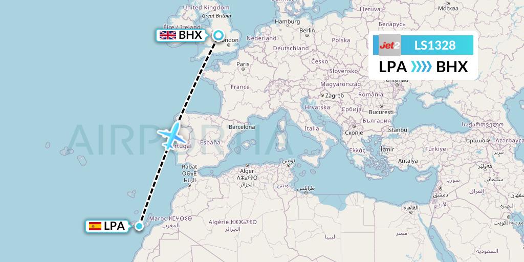 LS1328 Jet2 Flight Map: Las Palmas to Birmingham