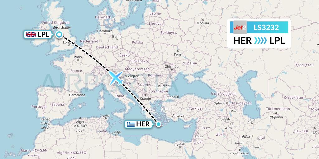 LS3232 Jet2 Flight Map: Heraklion to Liverpool