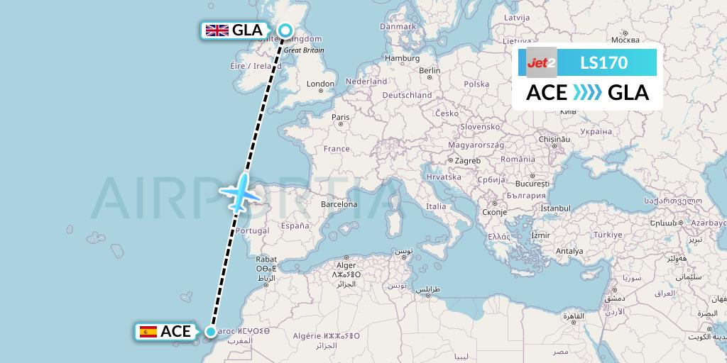 LS170 Jet2 Flight Map: Lanzarote to Glasgow