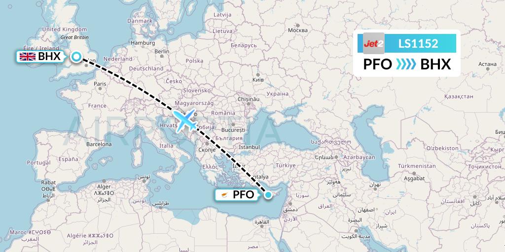LS1152 Jet2 Flight Map: Pafos to Birmingham