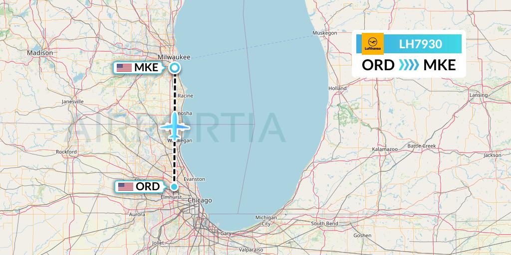 LH7930 Lufthansa Flight Map: Chicago to Milwaukee