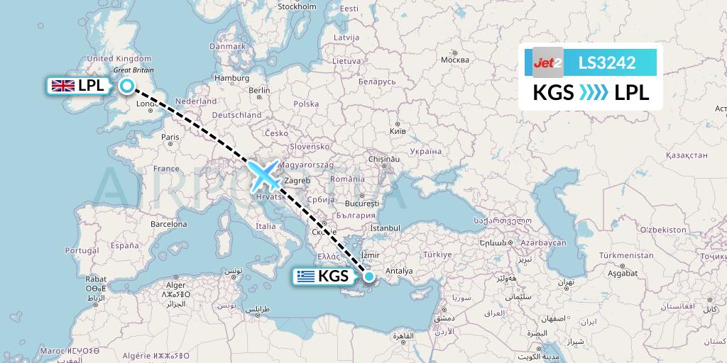 LS3242 Jet2 Flight Map: Kos to Liverpool