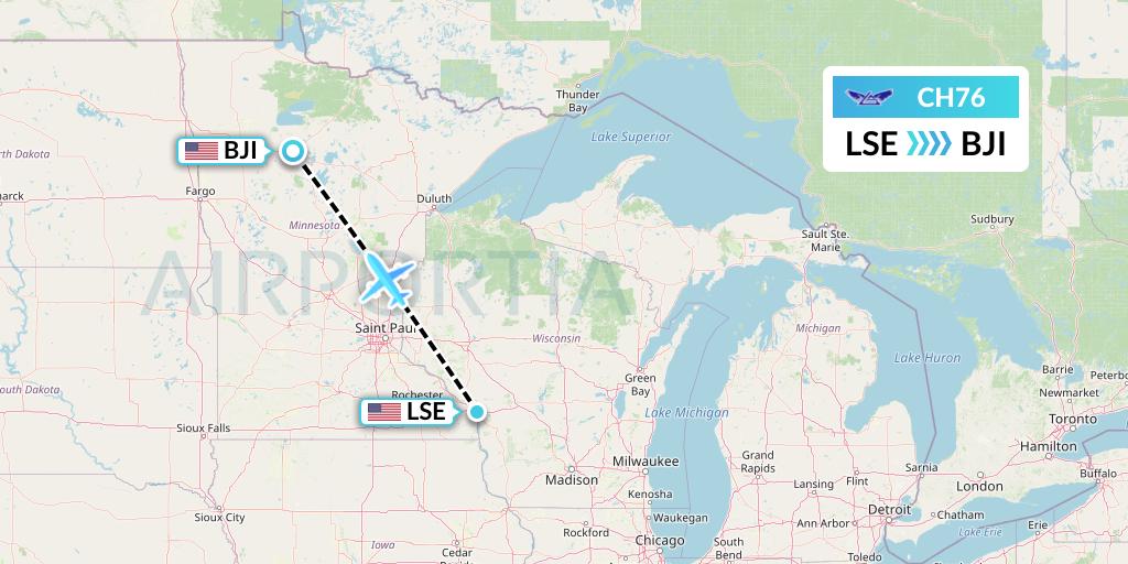 CH76 Bemidji Airlines Flight Map: La Crosse to Bemidji