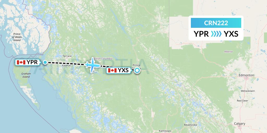 CRN222 Aerocaribbean Flight Map: Prince Rupert to Prince George