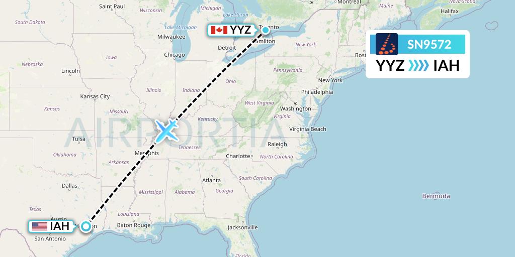 SN9572 Brussels Airlines Flight Map: Toronto to Houston