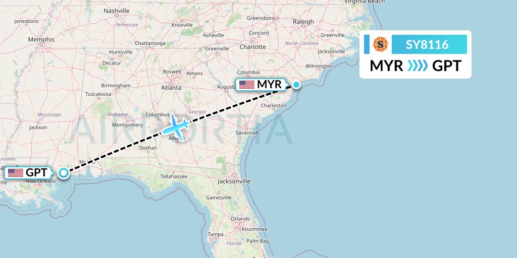 SY8116 Sun Country Airlines Flight Map: Myrtle Beach to Gulfport