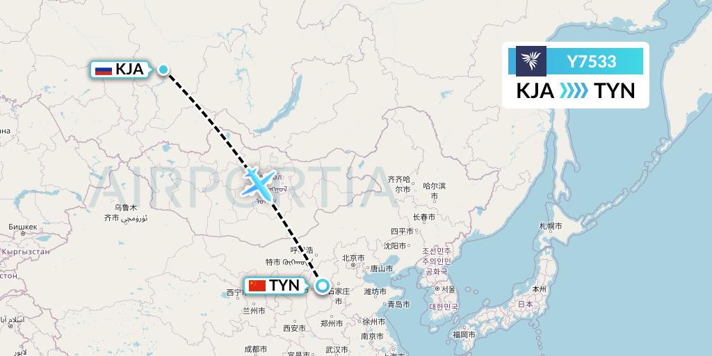 Y7533 NordStar Flight Map: Krasnoyarsk to Taiyuan
