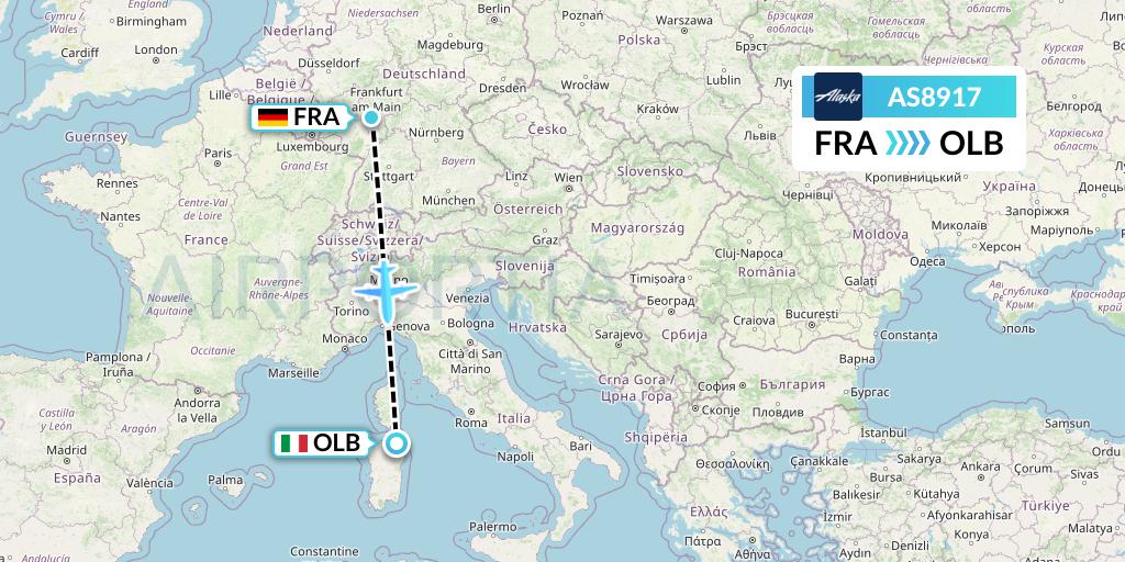 AS8917 Alaska Airlines Flight Map: Frankfurt to Olbia