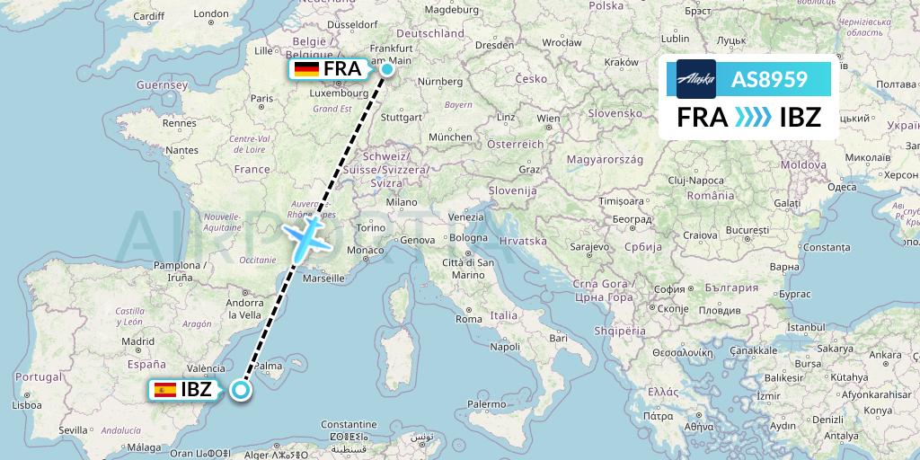 AS8959 Alaska Airlines Flight Map: Frankfurt to Ibiza