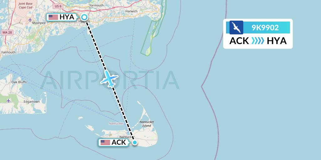 9K9902 Cape Air Flight Map: Nantucket to Hyannis