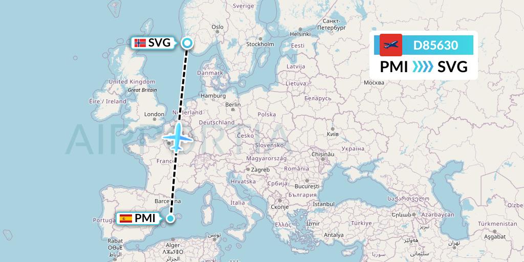 D85630 Norwegian Air International Flight Map: Palma de Mallorca to Stavanger