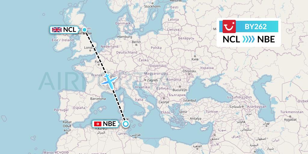 BY262 TUI Airways Flight Map: Newcastle to Enfidha