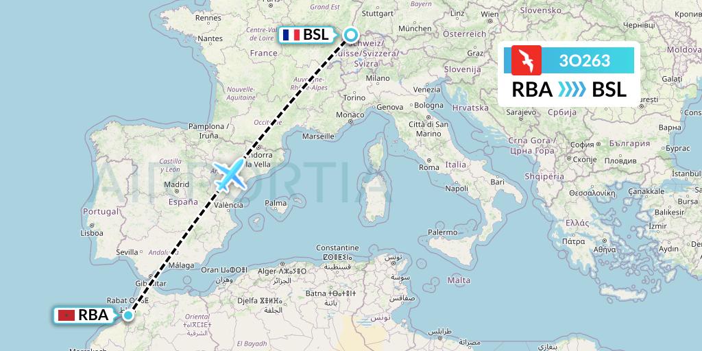 3O263 Air Arabia Maroc Flight Map: Rabat to Basel