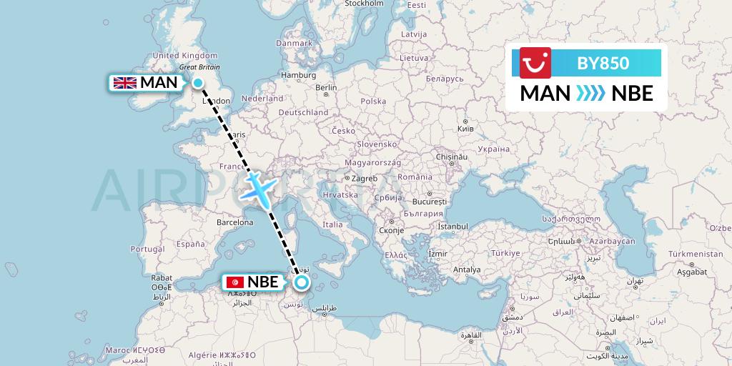 BY850 TUI Airways Flight Map: Manchester to Enfidha