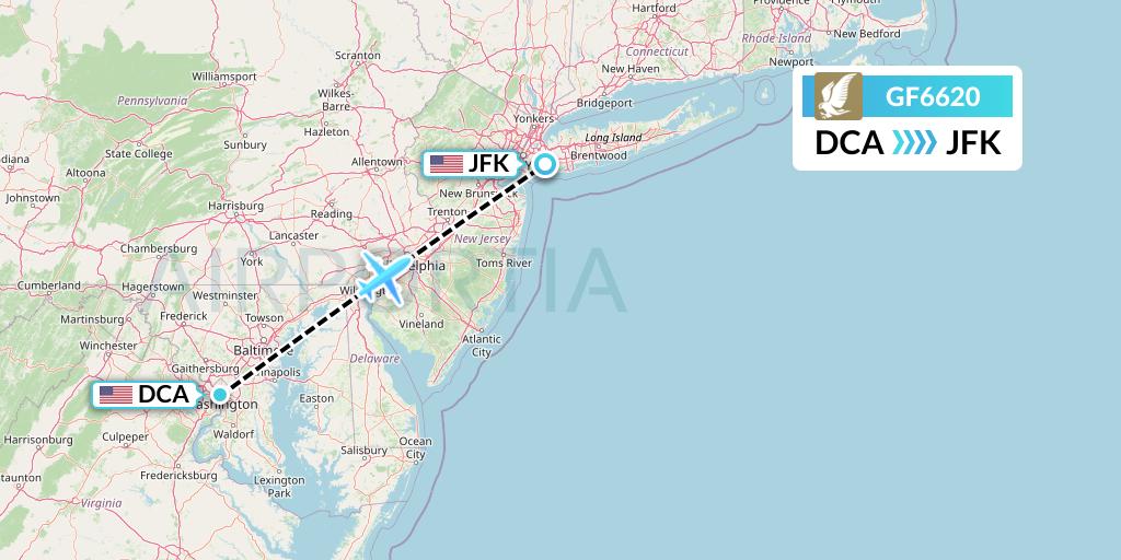 GF6620 Gulf Air Flight Map: Washington to New York