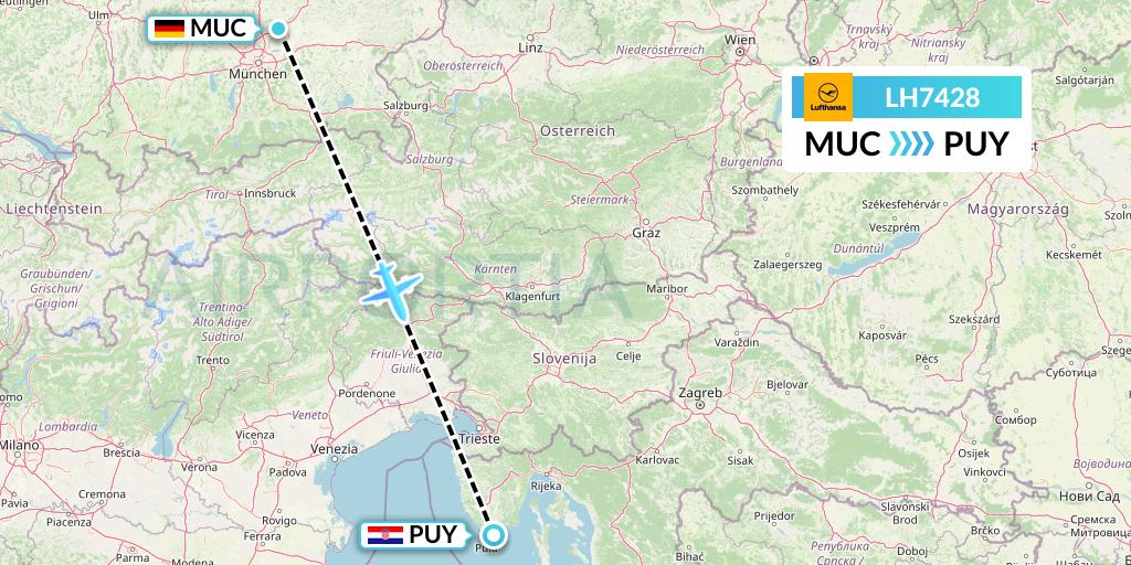 LH7428 Lufthansa Flight Map: Munich to Pula