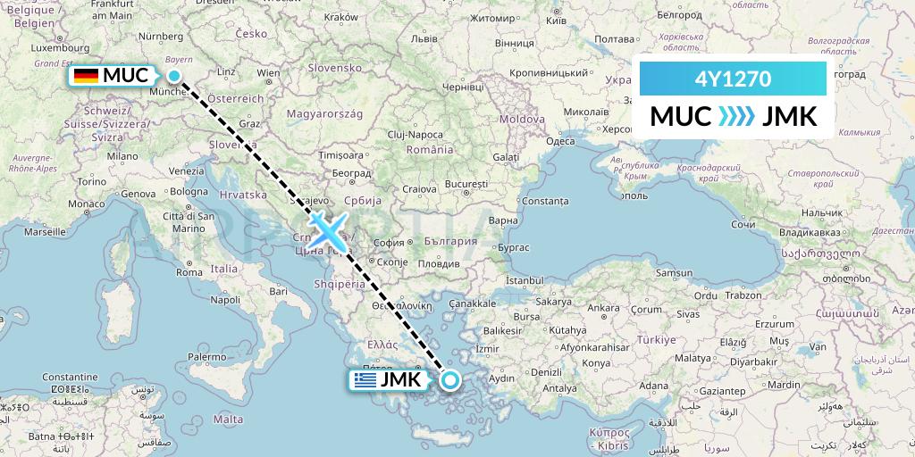 4Y1270 Eurowings Discover Flight Map: Munich to Mykonos