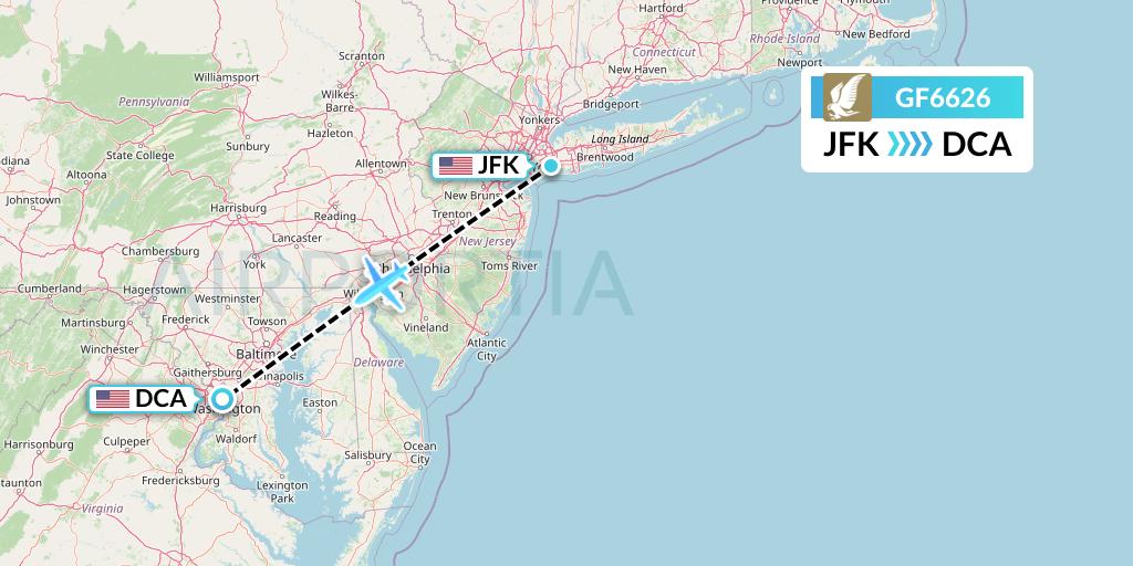 GF6626 Gulf Air Flight Map: New York to Washington