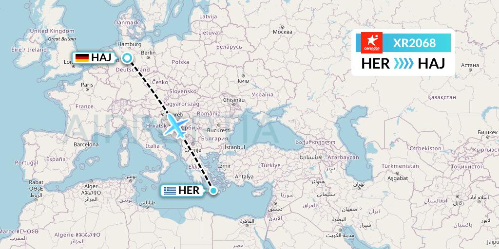 XR2068 Corendon Airlines Europe Flight Map: Heraklion to Hannover