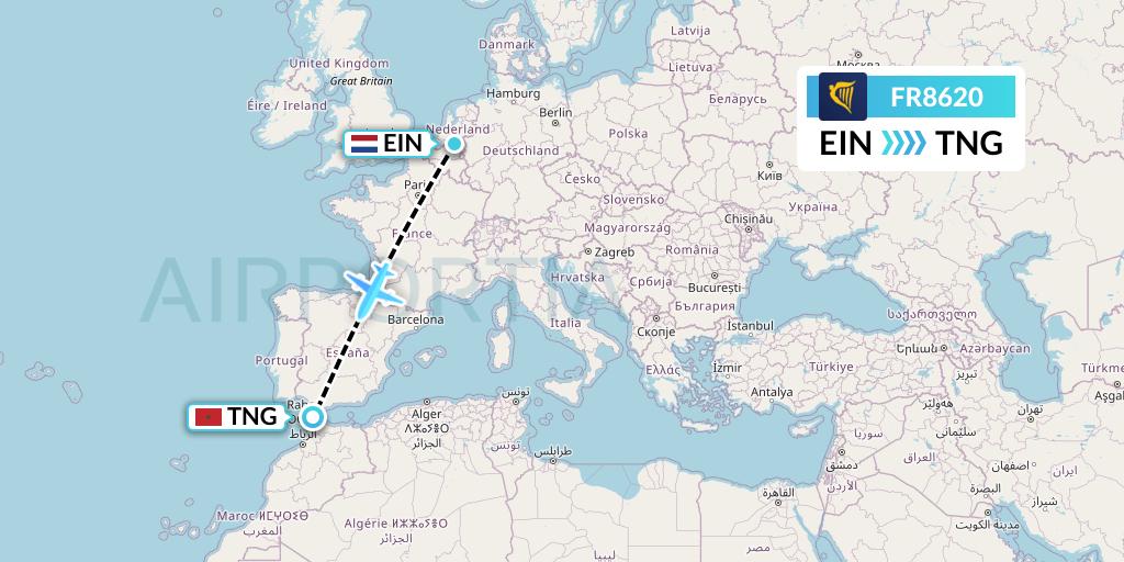 FR8620 Ryanair Flight Map: Eindhoven to Tangier