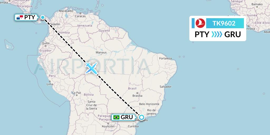 TK9602 Turkish Airlines Flight Map: Panama City to Sao Paulo