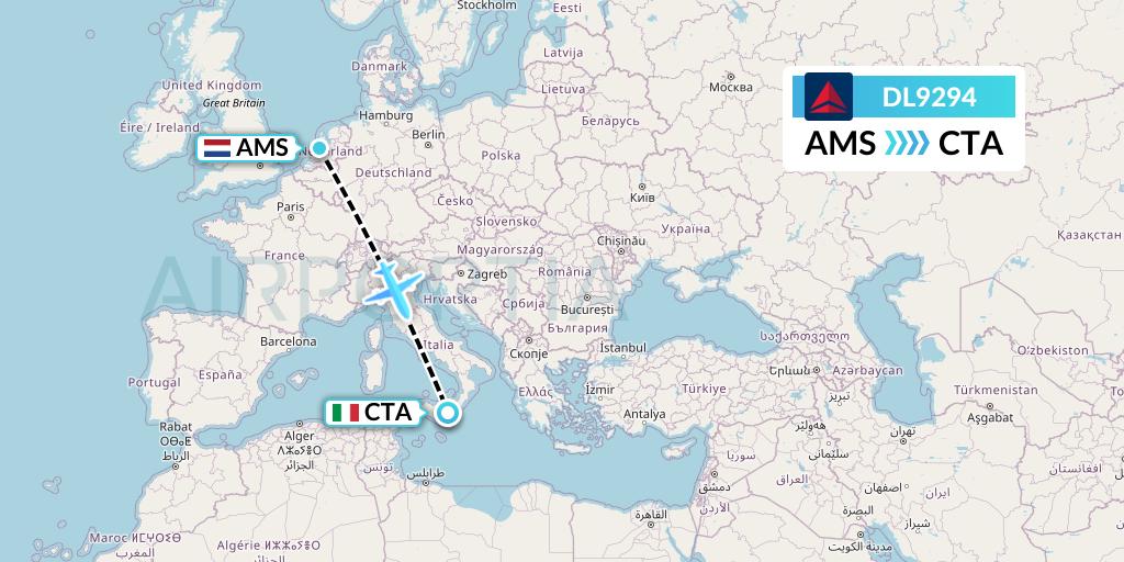 DL9294 Delta Air Lines Flight Map: Amsterdam to Catania