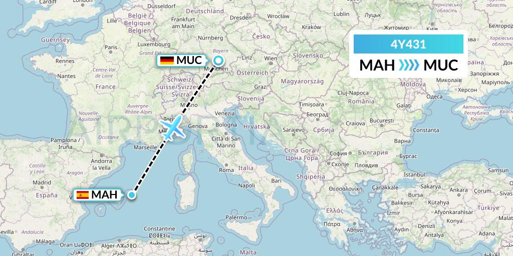 4Y431 Eurowings Discover Flight Map: Mahon to Munich