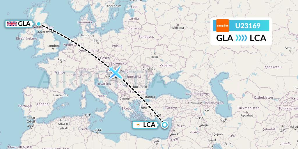 U23169 EasyJet Flight Map: Glasgow to Larnaca