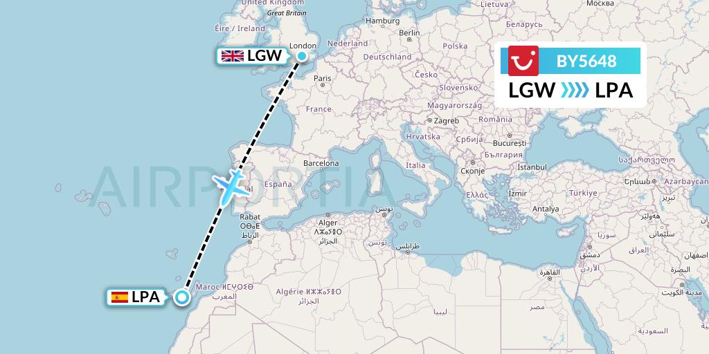BY5648 TUI Airways Flight Map: London to Las Palmas